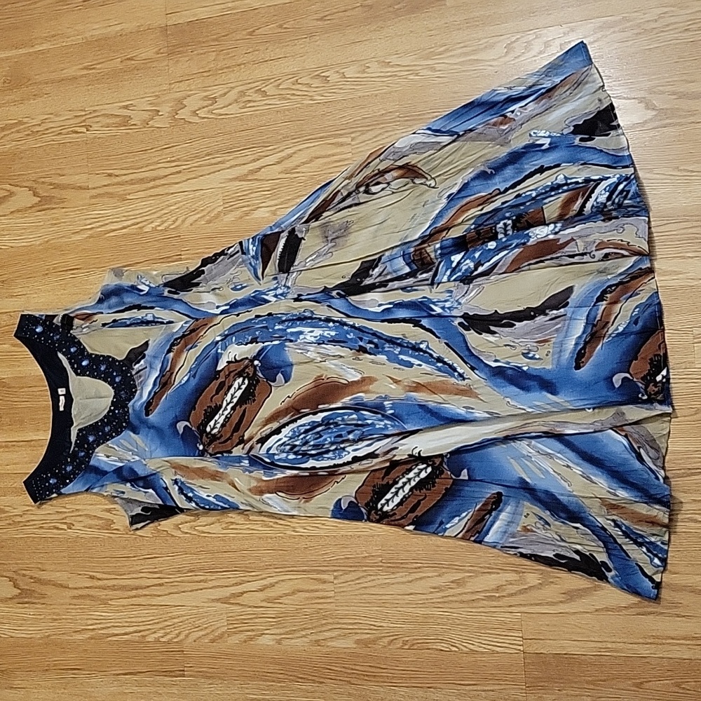 Women's multi color dress with sapphire beaded neckline